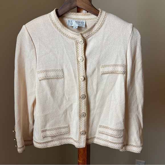 St John Collection Marie Grey Santana Knit Jacket Sweater Button Gold Beige 4 - Picture 1 of 10
